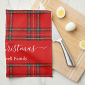 Merry Christmas red tartan plaid script name キッチンタオル (四つ折り)