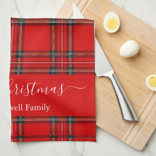 Merry Christmas red tartan plaid script name キッチンタオル (四つ折り)