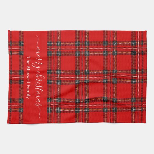 Merry Christmas red tartan plaid script name キッチンタオル (横)