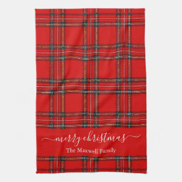 Merry Christmas red tartan plaid script name キッチンタオル