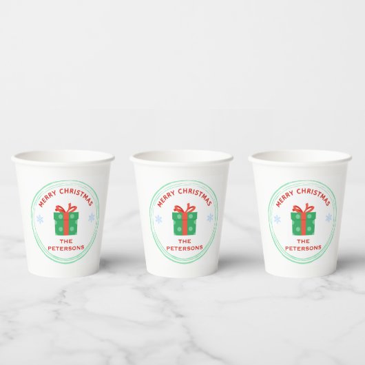 Merry Christmas red text gift box on white 紙コップ (複数)