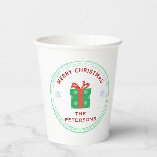 Merry Christmas red text gift box on white 紙コップ (正面)