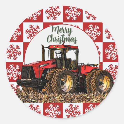 Merry Christmas Red Tractor Farm Holiday Snowflake ラウンドシール (正面)