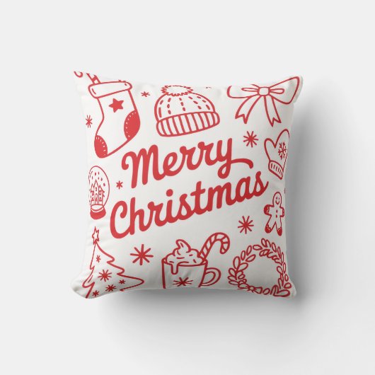 Merry Christmas Red & White Holiday Throw Pillow クッション (正面)