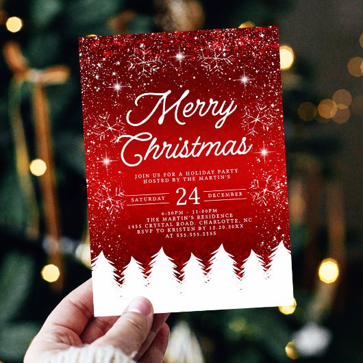 Merry Christmas Red & White Snowflakes Party 招待状