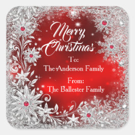 Merry Christmas Red White snowflakes red gems  スクエアシール