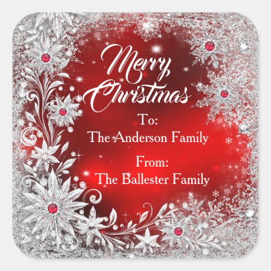 Merry Christmas Red White snowflakes red gems スクエアシール (正面)