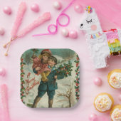 Merry Christmas - retro postcard, children, holly ペーパープレート (パーティー)