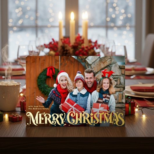 Merry Christmas Retro Script | オリジナル4枚写真入り 箔シーズンカード