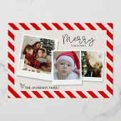 Merry Christmas Retro Script — 3 Photo  Holiday Ca 箔シーズンカード (正面)