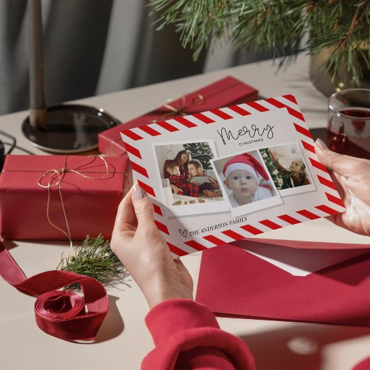 Merry Christmas Retro Script — 3 Photo  Holiday Ca 箔シーズンカード