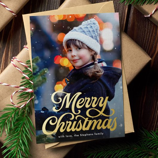 Merry Christmas retro script classic photo 箔シーズンカード