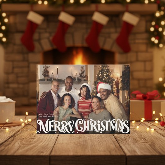 Merry Christmas Retro Script | Custom Four-Photo シーズンカード