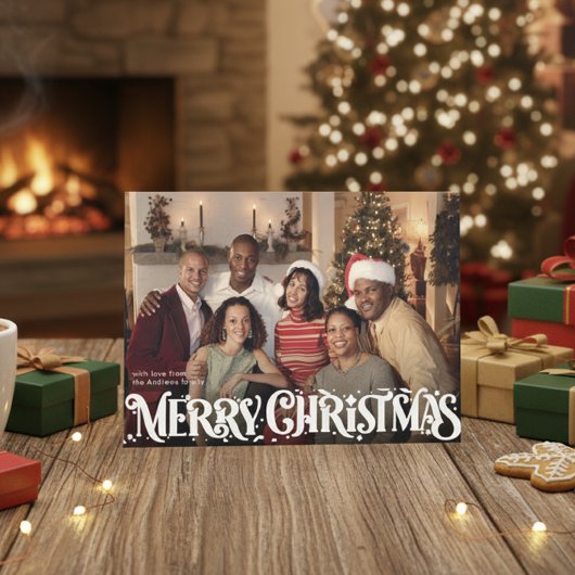 Merry Christmas Retro Script | Custom Four-Photo シーズンカード