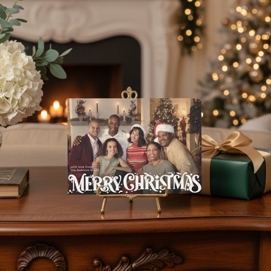 Merry Christmas Retro Script | Custom Four-Photo シーズンカード
