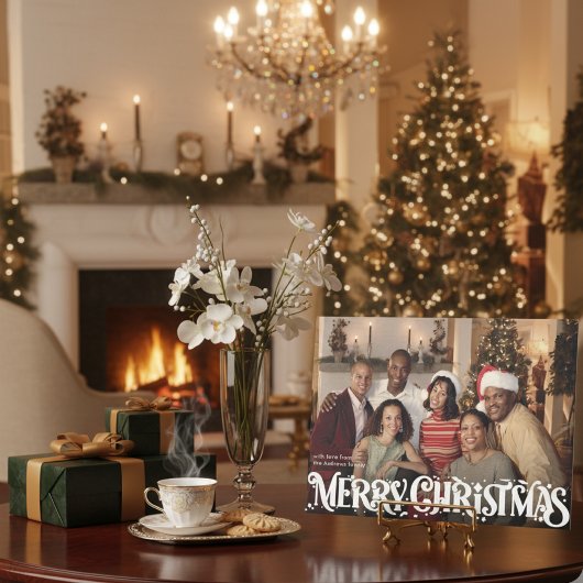 Merry Christmas Retro Script | Custom Four-Photo シーズンカード