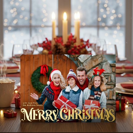 Merry Christmas Retro Script | Custom Four-Photo  箔シーズンカード