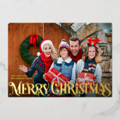 Merry Christmas Retro Script | Custom Four-Photo 箔シーズンカード (正面)