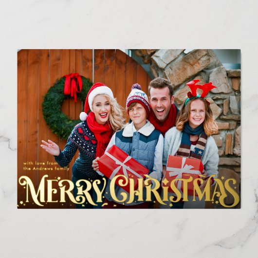 Merry Christmas Retro Script | Custom Four-Photo  箔シーズンカード (正面)