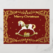 Merry Christmas Rocking Horse Gold Foil Postcard  箔シーズンポストカード (正面)