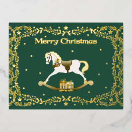 Merry Christmas Rocking Horse Gold Foil Postcard  箔シーズンポストカード