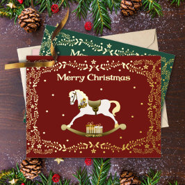 Merry Christmas Rocking Horse Gold Foil Postcard  箔シーズンポストカード
