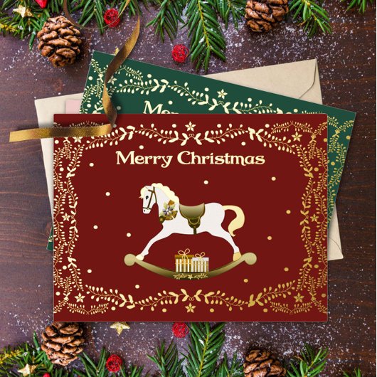 Merry Christmas Rocking Horse Gold Foil Postcard  箔シーズンポストカード