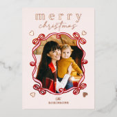 Merry Christmas Rose Gold Foil Ribbon Bow Photo 箔シーズンカード (正面)