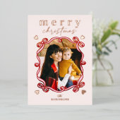 Merry Christmas Rose Gold Foil Ribbon Bow Photo 箔シーズンカード (立ち正面)