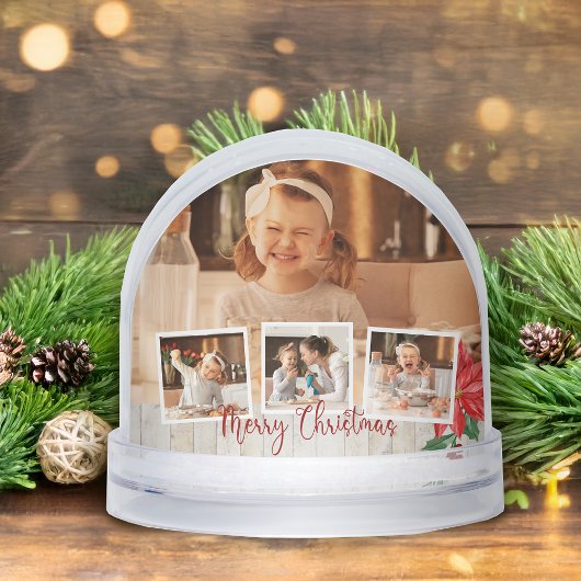 Merry Christmas Rustic Floral 4-Photo Snow Globe