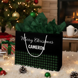 Merry Christmas Rustic Green & Black Buffalo Plaid ラージペーパーバッグ