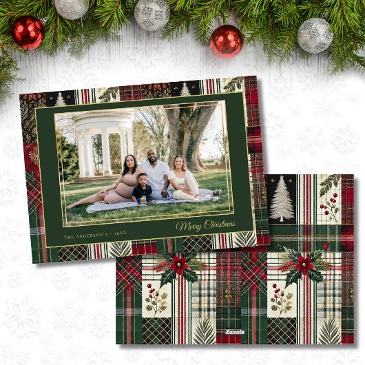 Merry Christmas Rustic Plaid Custom Photo  シーズンカード