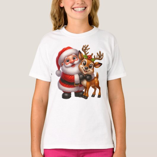 Merry Christmas Santa and Deer T-shirt Tシャツ (正面)