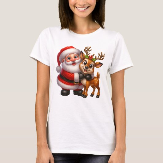 Merry Christmas Santa and Deer T-shirt Tシャツ (正面)
