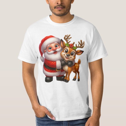 Merry Christmas Santa and Deer T-shirt Tシャツ (正面)