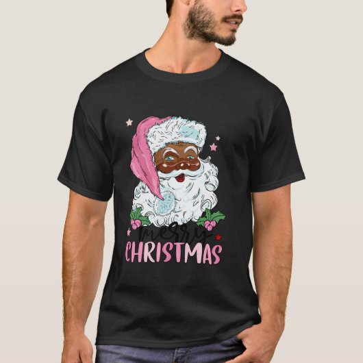 Merry Christmas Santa Claus Black Afro African Ame Tシャツ (正面)