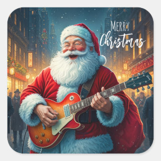 Merry Christmas Santa Clause Playing Guitar スクエアシール