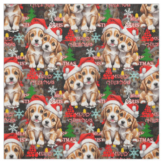 Merry Christmas Santa Hat Dog Puppy Design - Black ファブリック