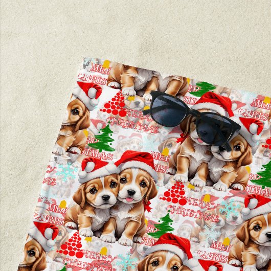 Merry Christmas Santa Hat Dog Puppy Design - White ビーチタオル