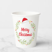 Merry Christmas Santa Hat Greenery Wreath Party 紙コップ (正面)