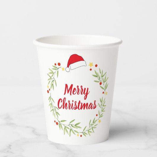 Merry Christmas Santa Hat Greenery Wreath Party 紙コップ (正面)