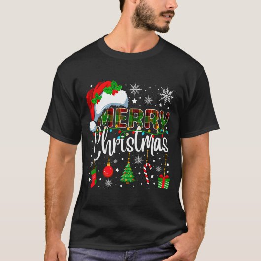 Merry Christmas Santa Hat Xmas Lights Family Men W Tシャツ (正面)