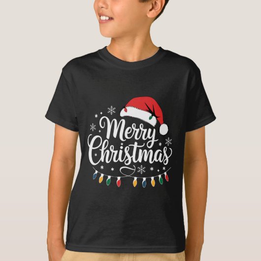 Merry Christmas Santa Hat Xmas Lights Red Family M Tシャツ (正面)