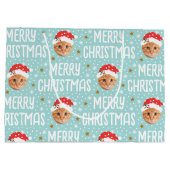 Merry Christmas Santa One Photo Cute Face Blue ラージペーパーバッグ (裏面)