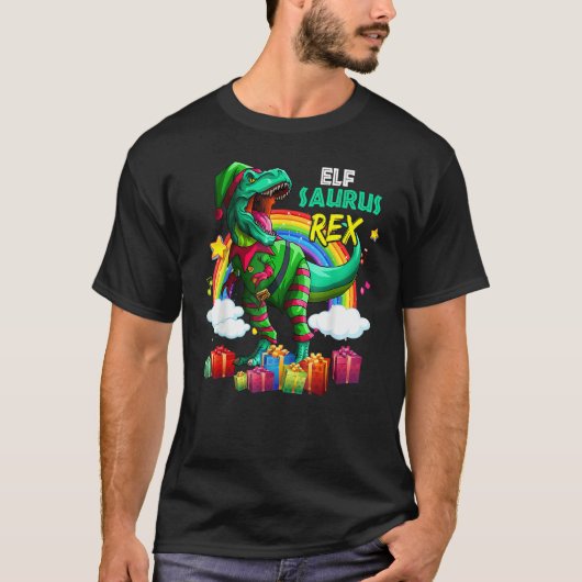 Merry Christmas Santa Rainbow Elf Saurus Rex Tシャツ (正面)