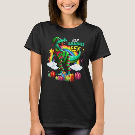 Merry Christmas Santa Rainbow Elf Saurus Rex Tシャツ (正面)