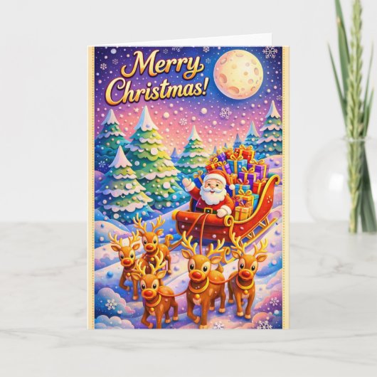 Merry Christmas Santa Sleigh and Reindeer Winter カード (正面)
