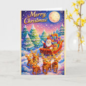Merry Christmas Santa Sleigh and Reindeer Winter カード (黄色い花)