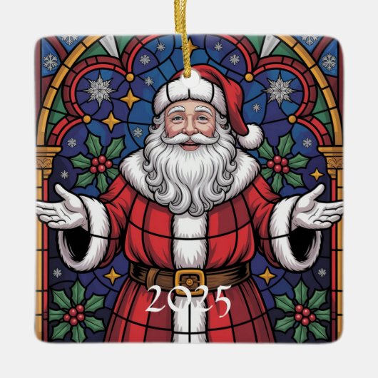 Merry Christmas Santa Stained Glass Design セラミックオーナメント (正面)