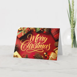  "Merry Christmas" Schrift mit Geschenken & Zapfen サンキューカード
